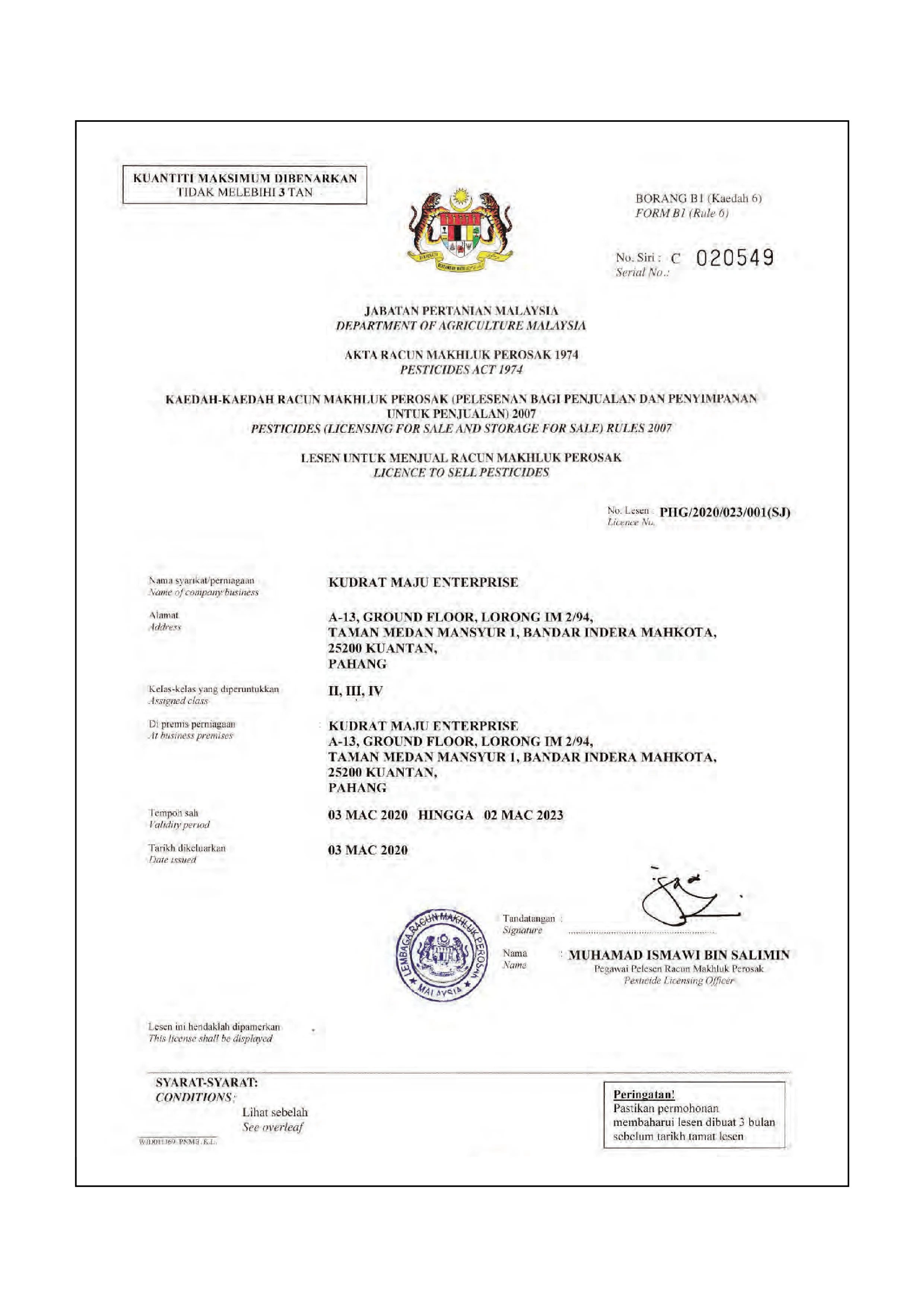 KME Pest Control Pertanian Certificate